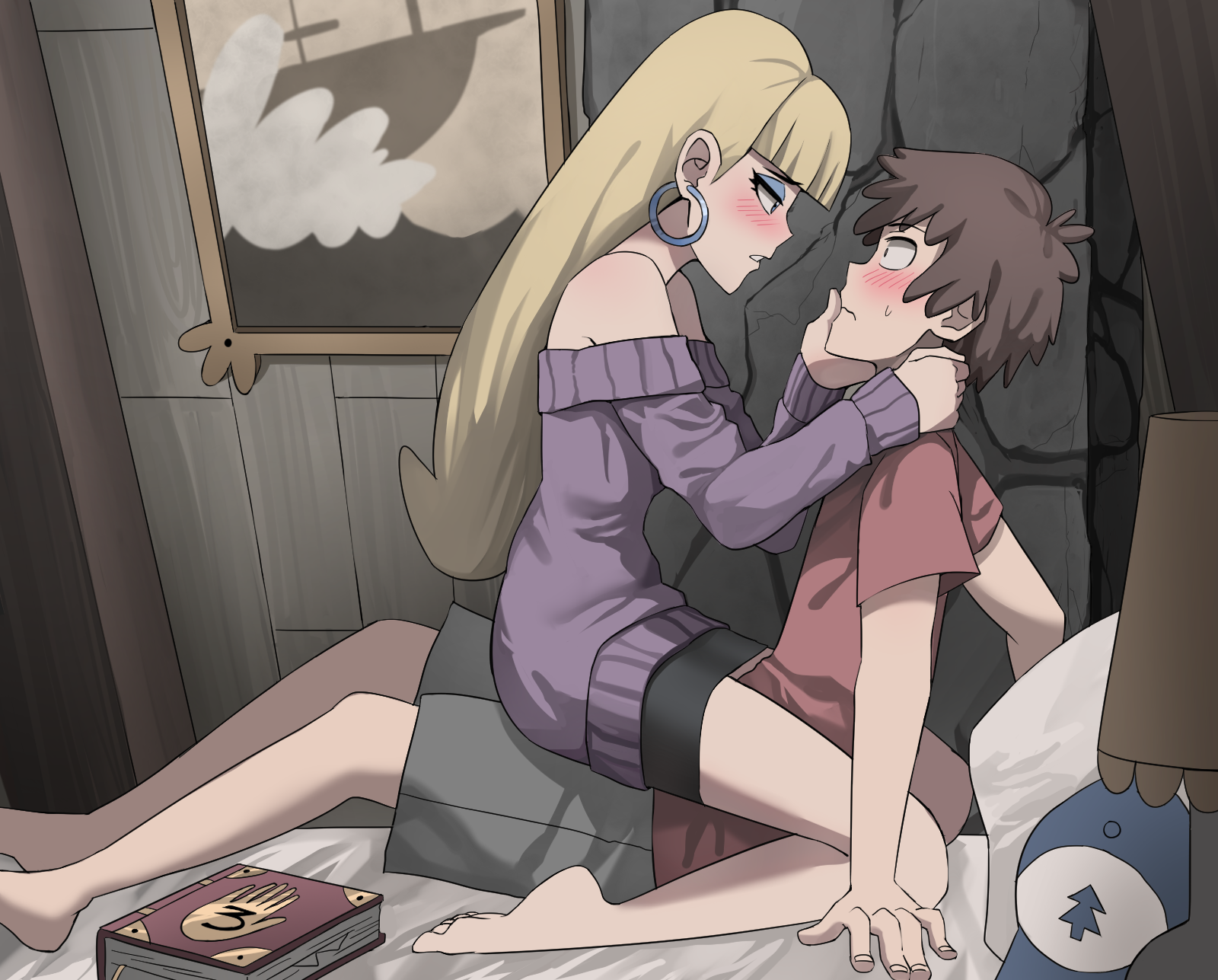 Rule 34 Dev - 1boy 1female 1girls aged_up assertive_female bangs bare_legs  bare_shoulders barefoot baseball_cap bed bedroom bedroom_eyes black_skirt  blonde_female blonde_hair blonde_hair_female blue_earrings blue_eyes  blue_eyeshadow blunt_bangs blush ...