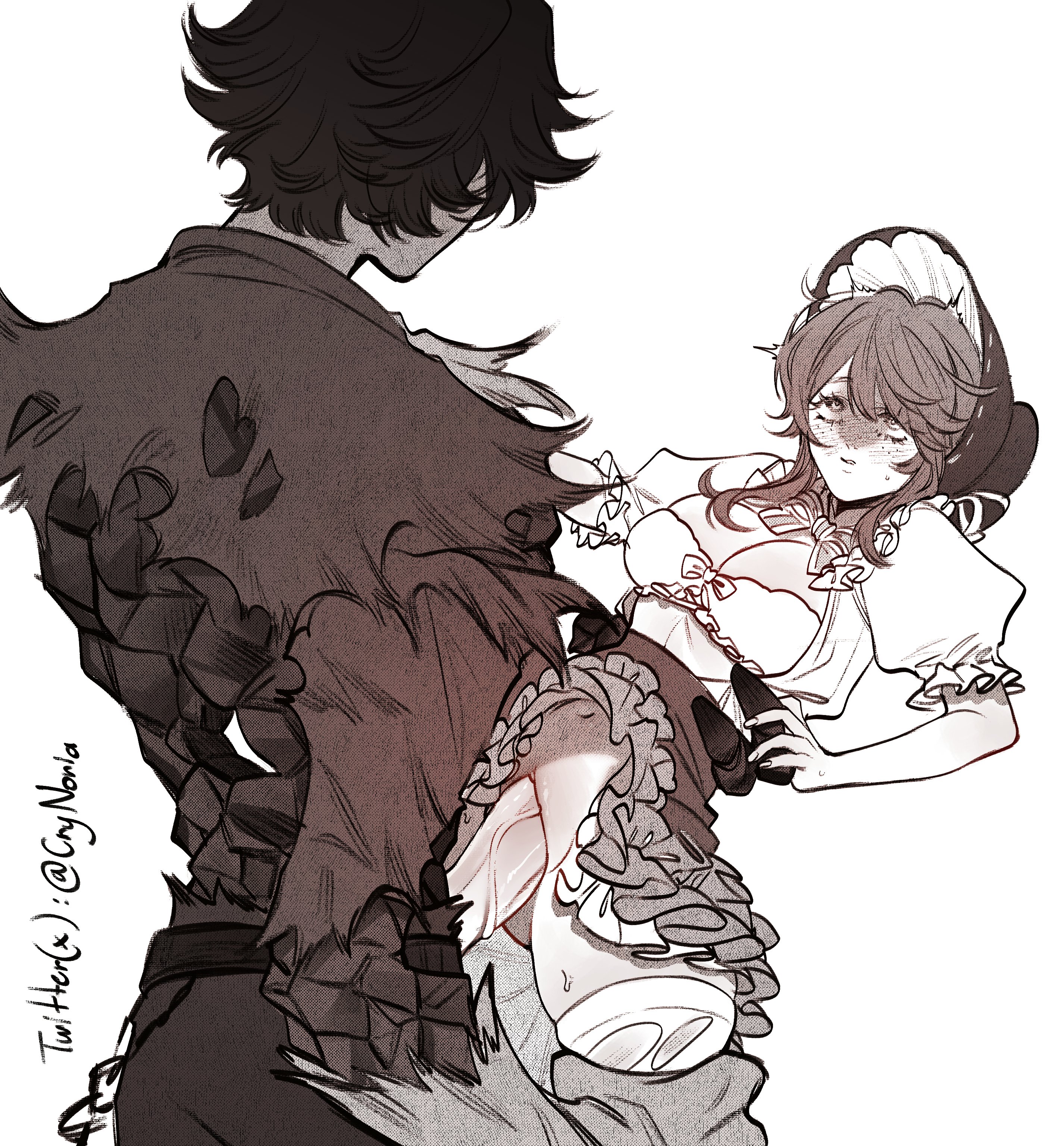 1girls apron belt blush brown_hair clothing color covered_nipples emma_wood...