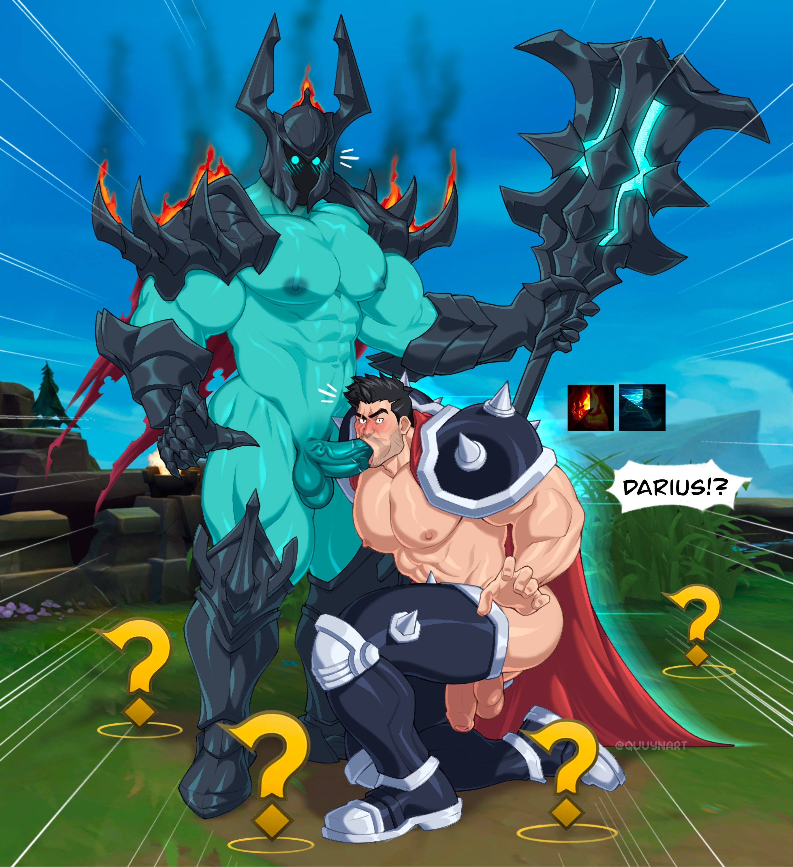 Rule 34 Dev - 4boys absurdres alistar bara bare_pecs beard black_hair blush  cape chinese_zodiac collaborative_fellatio cow_horns cum  darius_(league_of_legends) erection facial_hair foreskin furry gangbang gay  group_sex highres horns huge_cock ...
