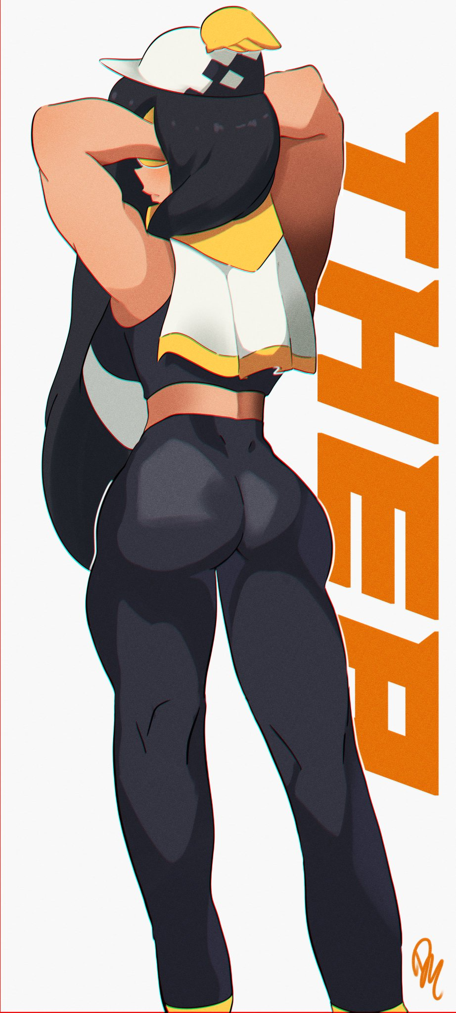 Rule 34 Dev - 1girls arms_behind_back arms_behind_head ass ass_focus  back_view big_ass black_hair black_legwear brawlhalla hat leggings  long_hair muscular muscular_female round_ass simple_background solo  solo_female solo_focus speedster thea_( ...