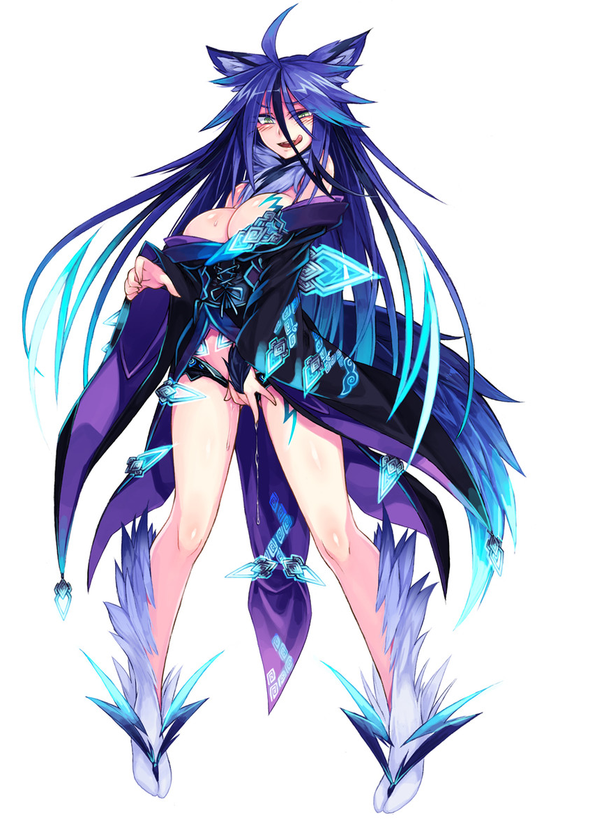 Rule 34 Dev - animal_ears blue_hair blush breasts clothed electrict  fingering green_eyes long_hair monster_girl monster_girl_encyclopedia  open_mouth raiju raijuu_(monster_girl_encyclopedia) tail tattoo tongue  tongue_out|2317682