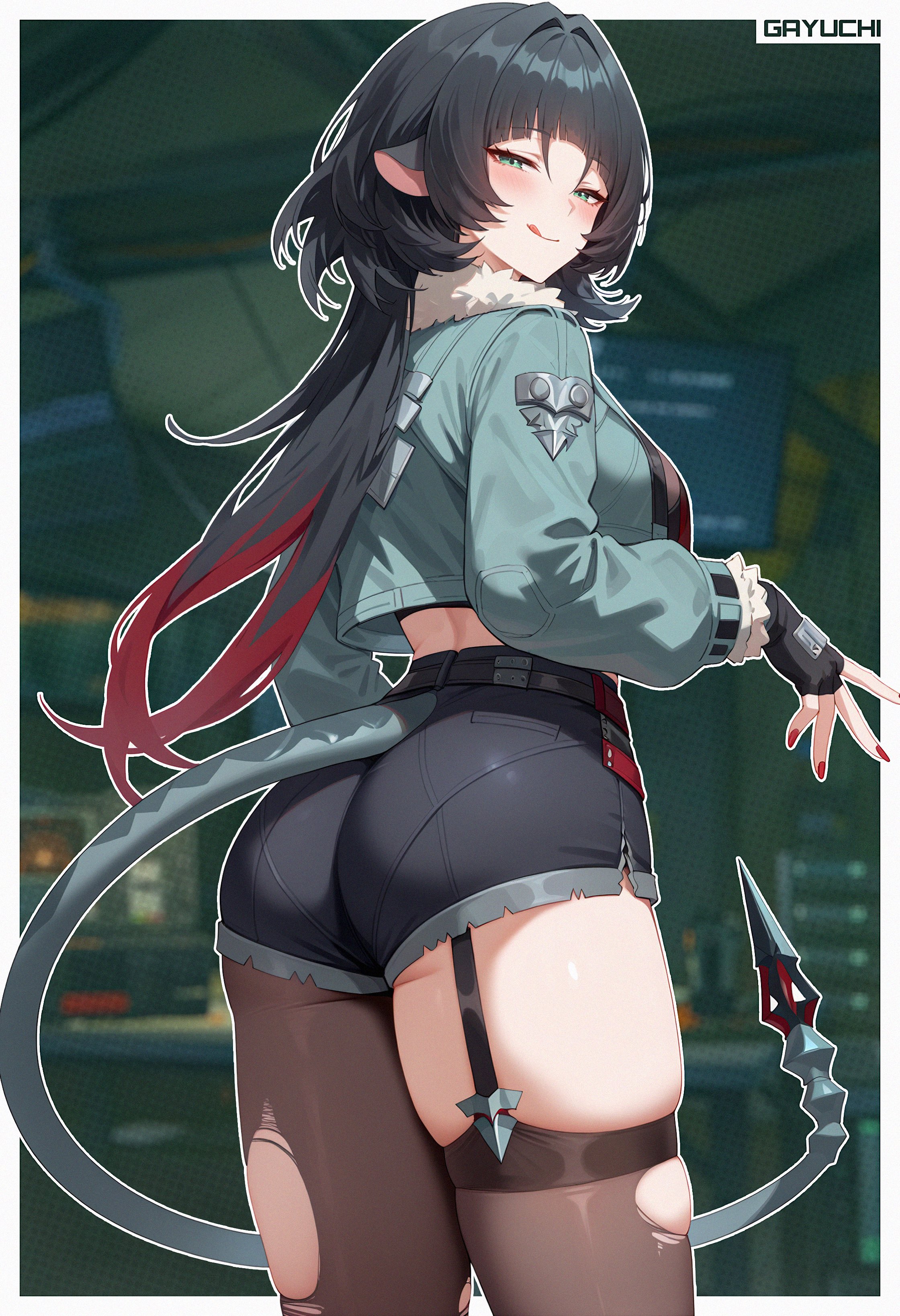 Rule 34 Dev - 1girls absurdres animal_ears ass black_hair blush breasts  come_hither female fingerless_gloves from_behind gayuchi gloves  gradient_hair green_eyes highres jacket jane_doe_(zenless_zone_zero)  long_hair looking_at_viewer mouse_ears ...