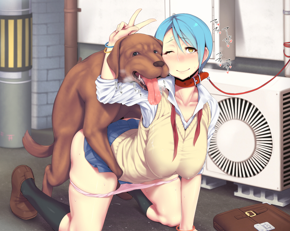 Rule 34 Dev 1animal 1boy 1girls bag bestiality blue hair blush  