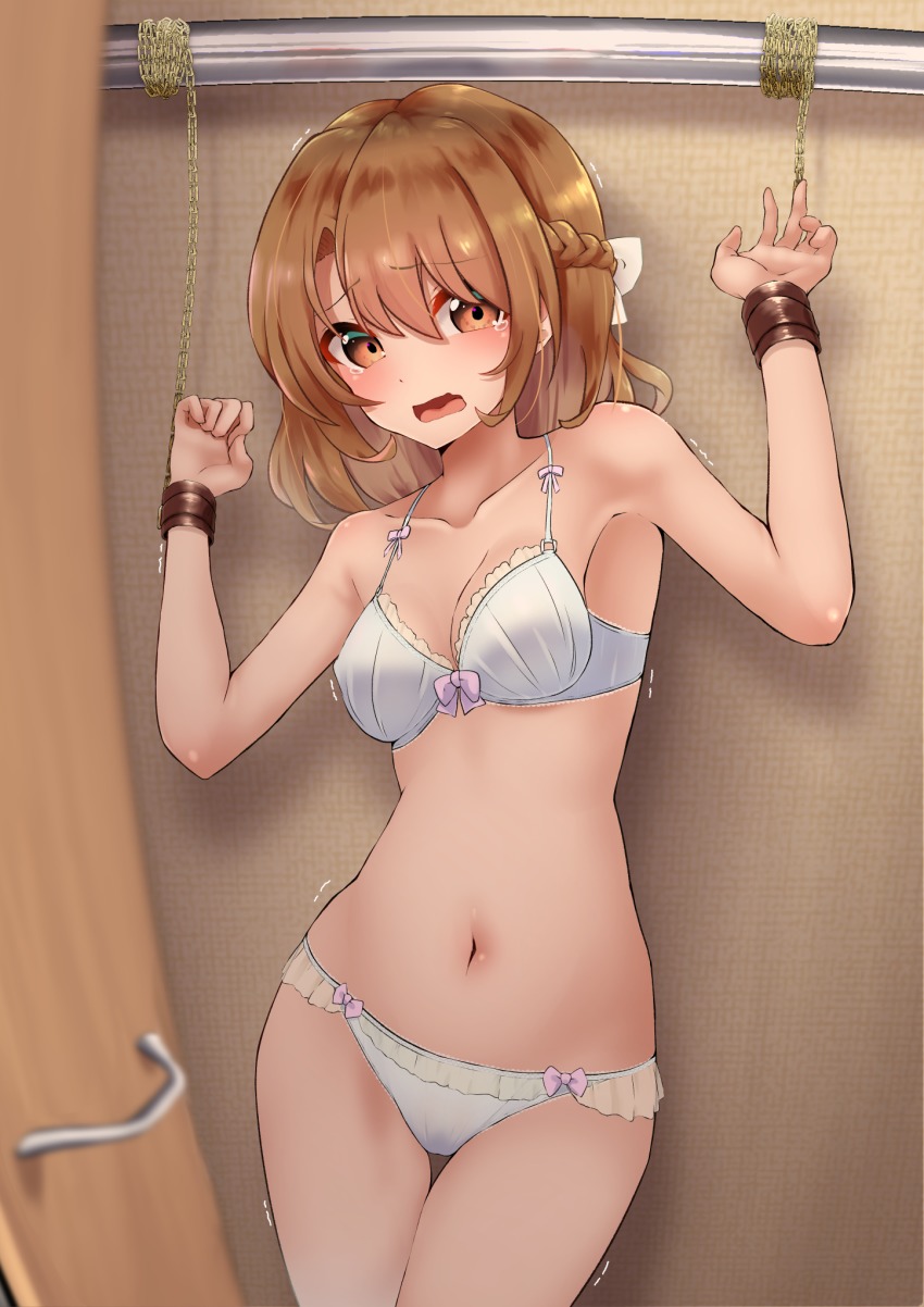Rule 34 Dev - 1girl arms_up bdsm bondage boots bound bra braid breasts  brown_eyes brown_hair chain cleavage closet cuffs doorway female_focus  highres indoors looking_at_viewer medium_breasts navel open_mouth original  panties pov_doorway restrained ...