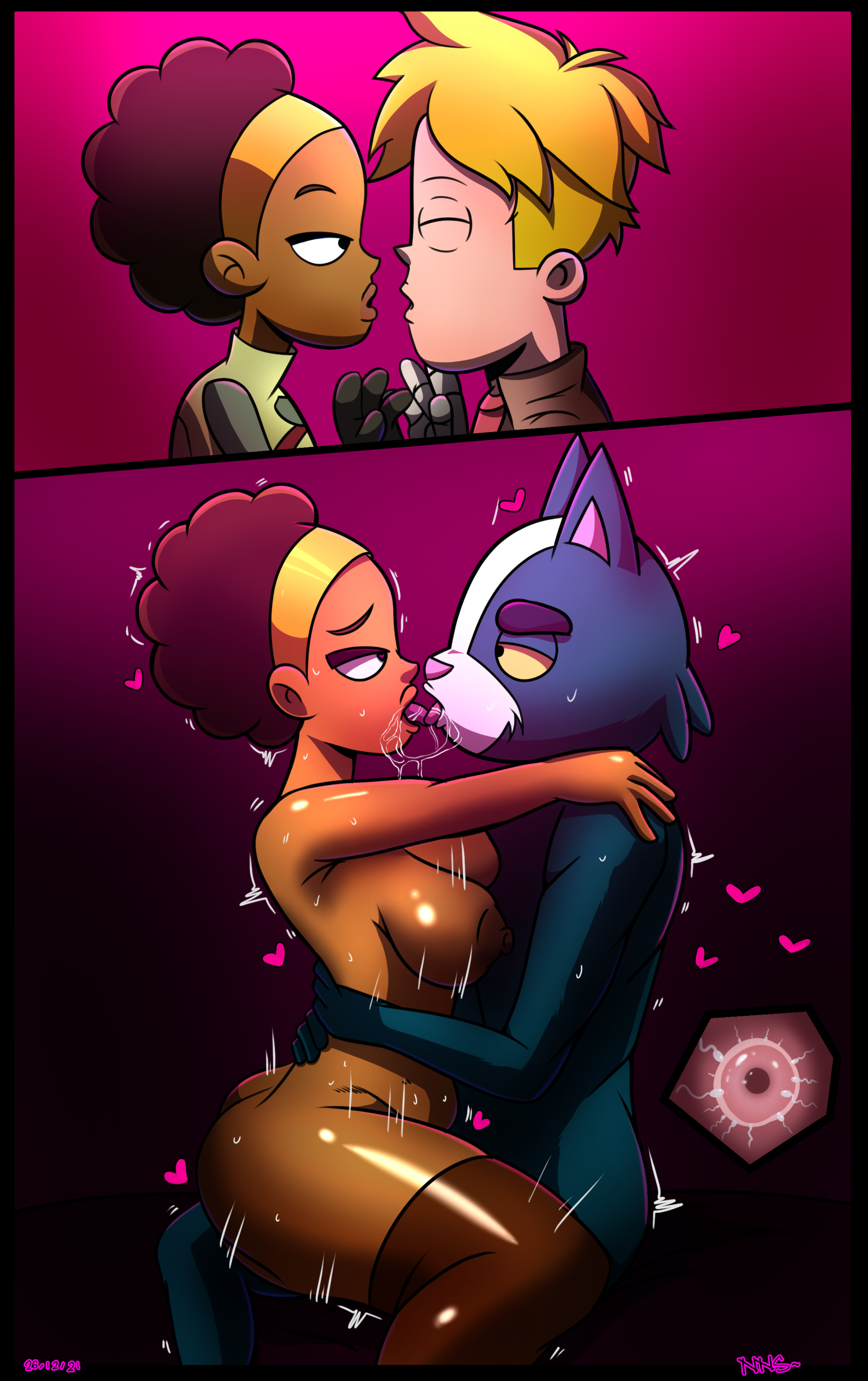 Rule 34 Dev - 1boy 1girl absurdres age_difference areola_slip armpits  arms_up averting_eyes black_eyes blunt_bangs bouncing_breasts breasts  breasts_squeezed_together command_grab_(nuclear_wasabi) commentary  dark_areolae deep_skin disgust ...