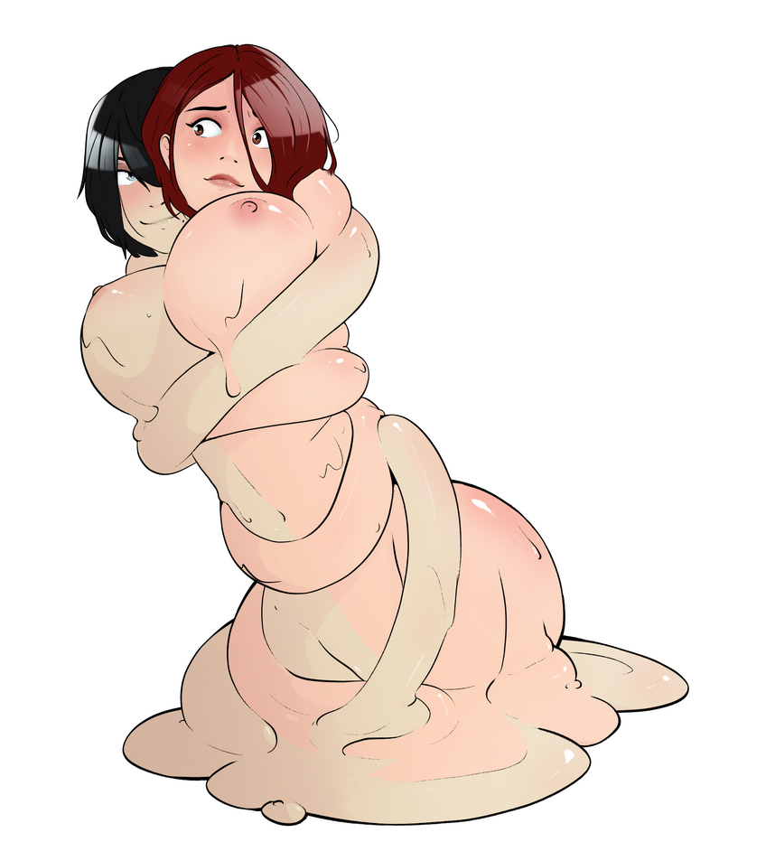 Rule 34 Dev - 2girls big_breasts black_hair blue_eyes blush  borrowed_character breasts brown_eyes brown_hair elastic female idolmonkeh  karen_(stretchm3) melding merging multiple_girls no_background nude  nude_female smile song_(idolmonkeh) stretchy ...