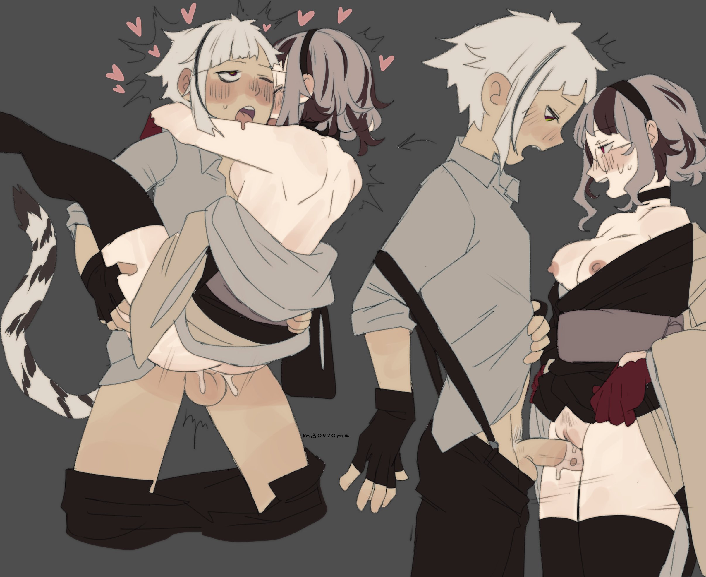 Rule 34 Dev - 1boy 1boy1girl 1girls aged_up atsushi_nakajima blue_hair  bungo_stray_dogs butterfly_position hedit izumi_kyouka_(bungo_stray_dogs)  kimono medium_breasts panties_aside petite red_kimono  reverse_cowgirl_position sex short_hair small_breasts ...