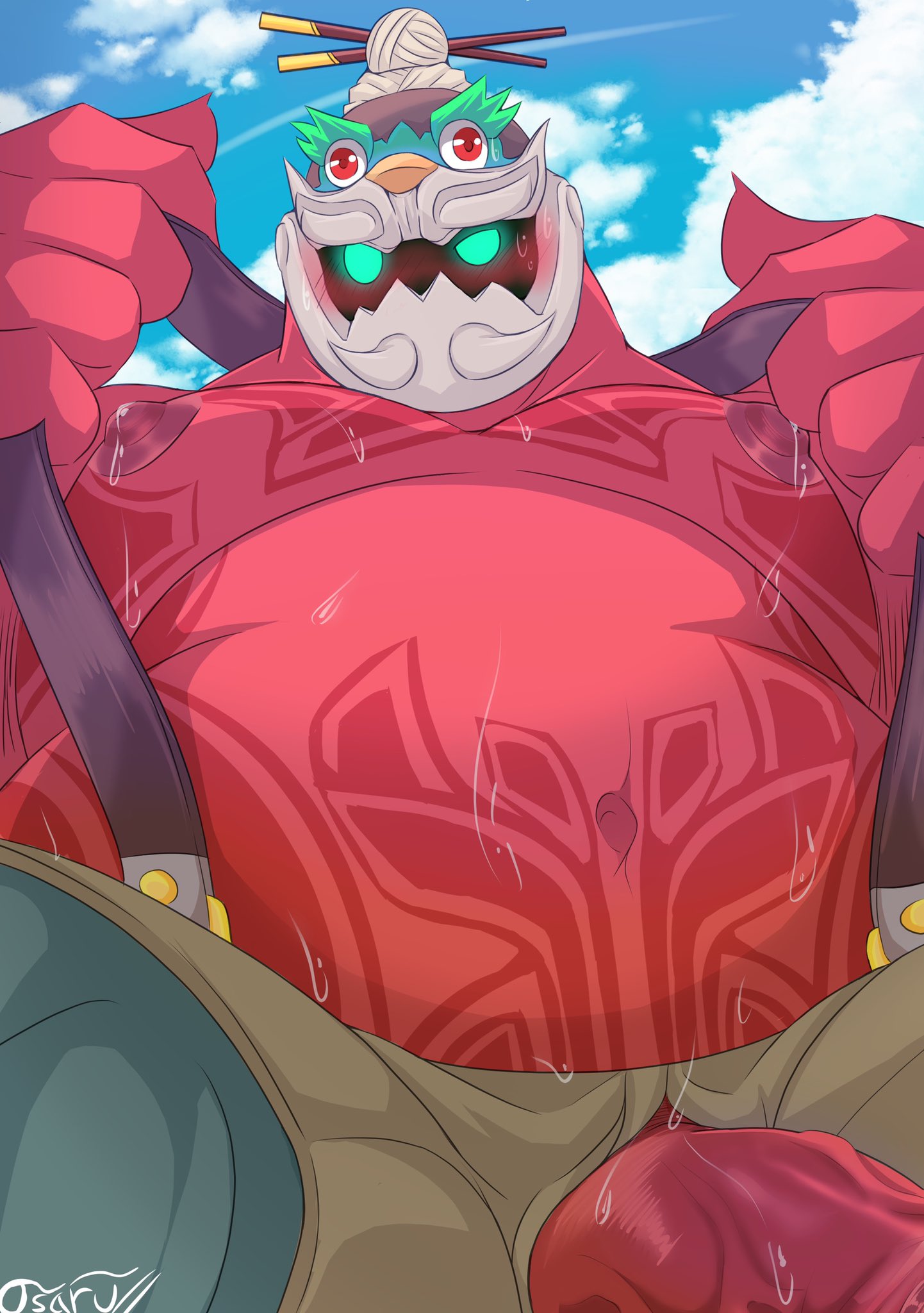 Rule 34 Dev - bodily_fluids bon_donuts dislyte green_eyes hair hair_bun  hi_res humanoid li_ao_(dislyte) male male_focus monster red_body red_eyes  red_skin solo sweat tattoo|6808644784