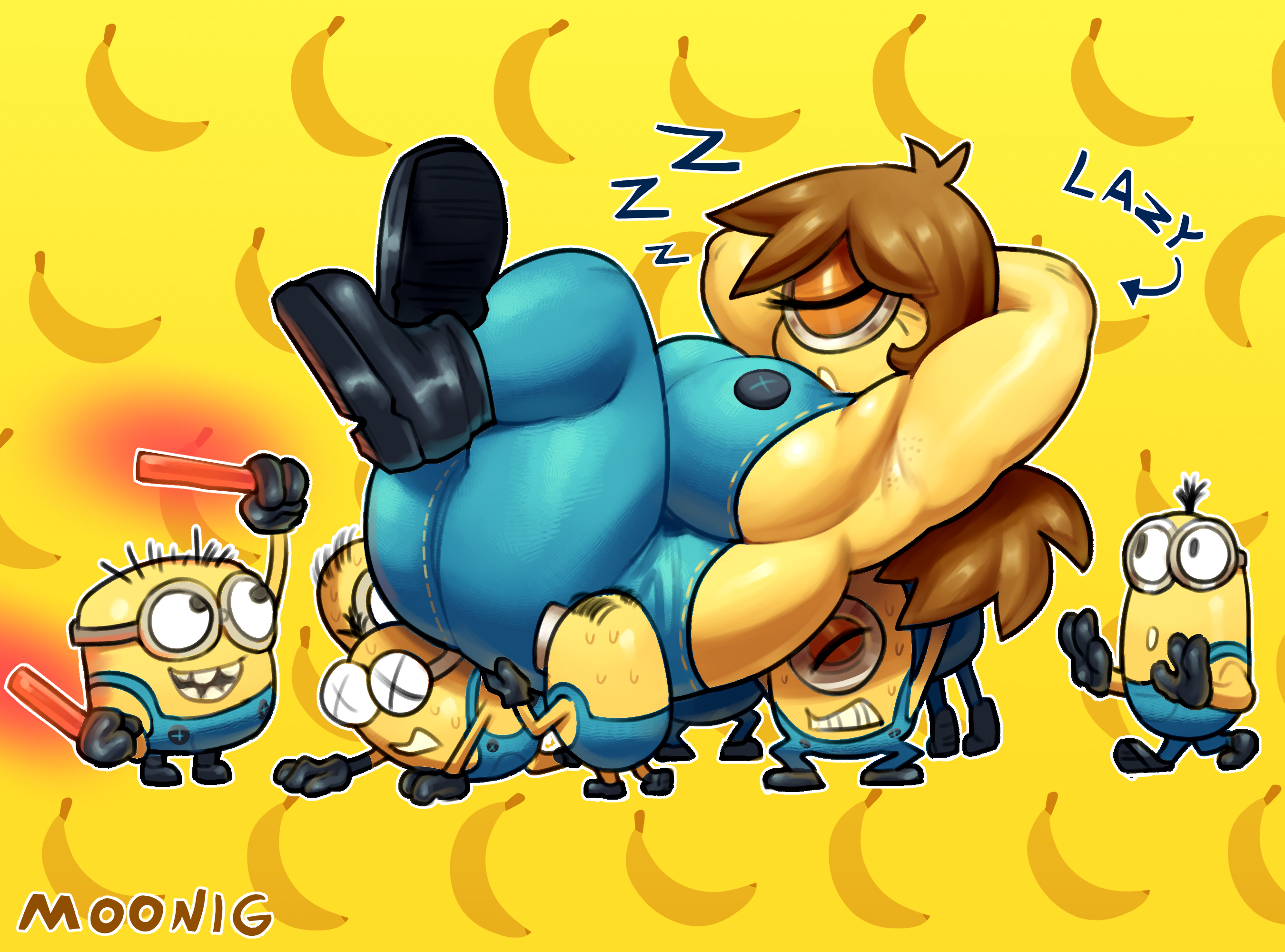 Rule 34 Dev - 1girls 8boys becky_(lilmoonie) black_shoes blue_overalls  brown_hair cyclops despicable_me lilmoonie long_hair minion minions_(film)  overalls petite petite_body short_girl|6142894