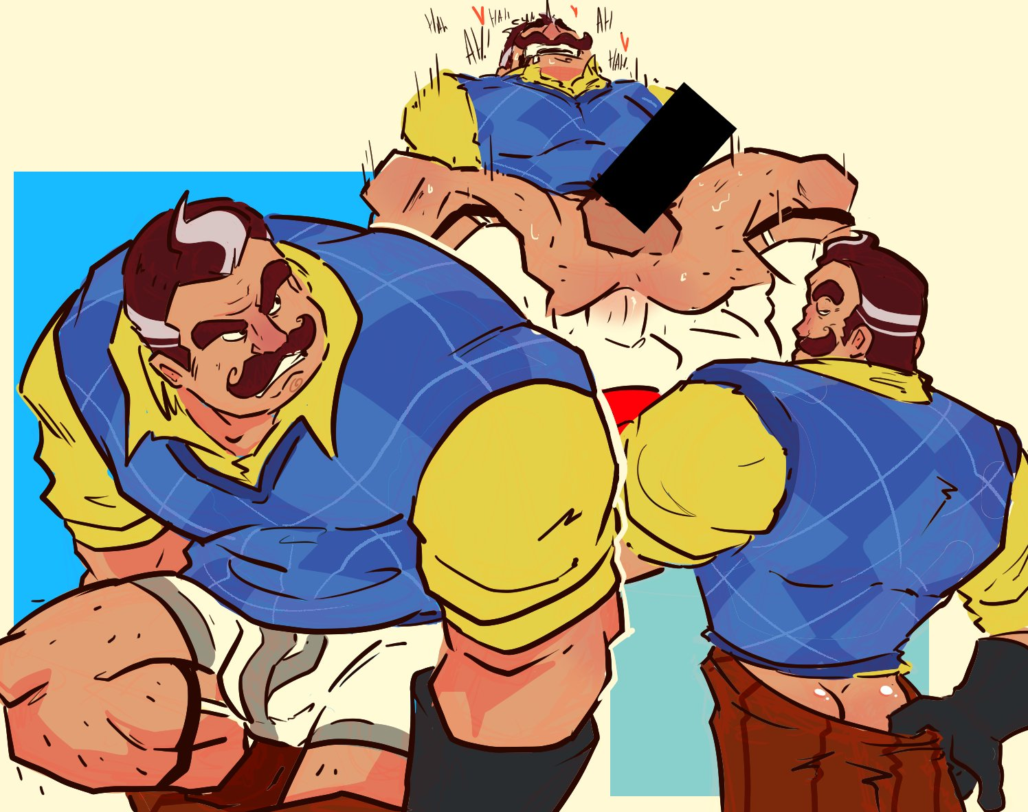 Rule 34 Dev - 2023 2boys ass balls bara barazoku big_balls big_bulge blush  bulge censored clothing erection facial_hair gay hairy hello_neighbor  huge_bulge lakingmoxxie male malemale male_focus male_only male_pubic_hair  manly moustache muscular_male ...