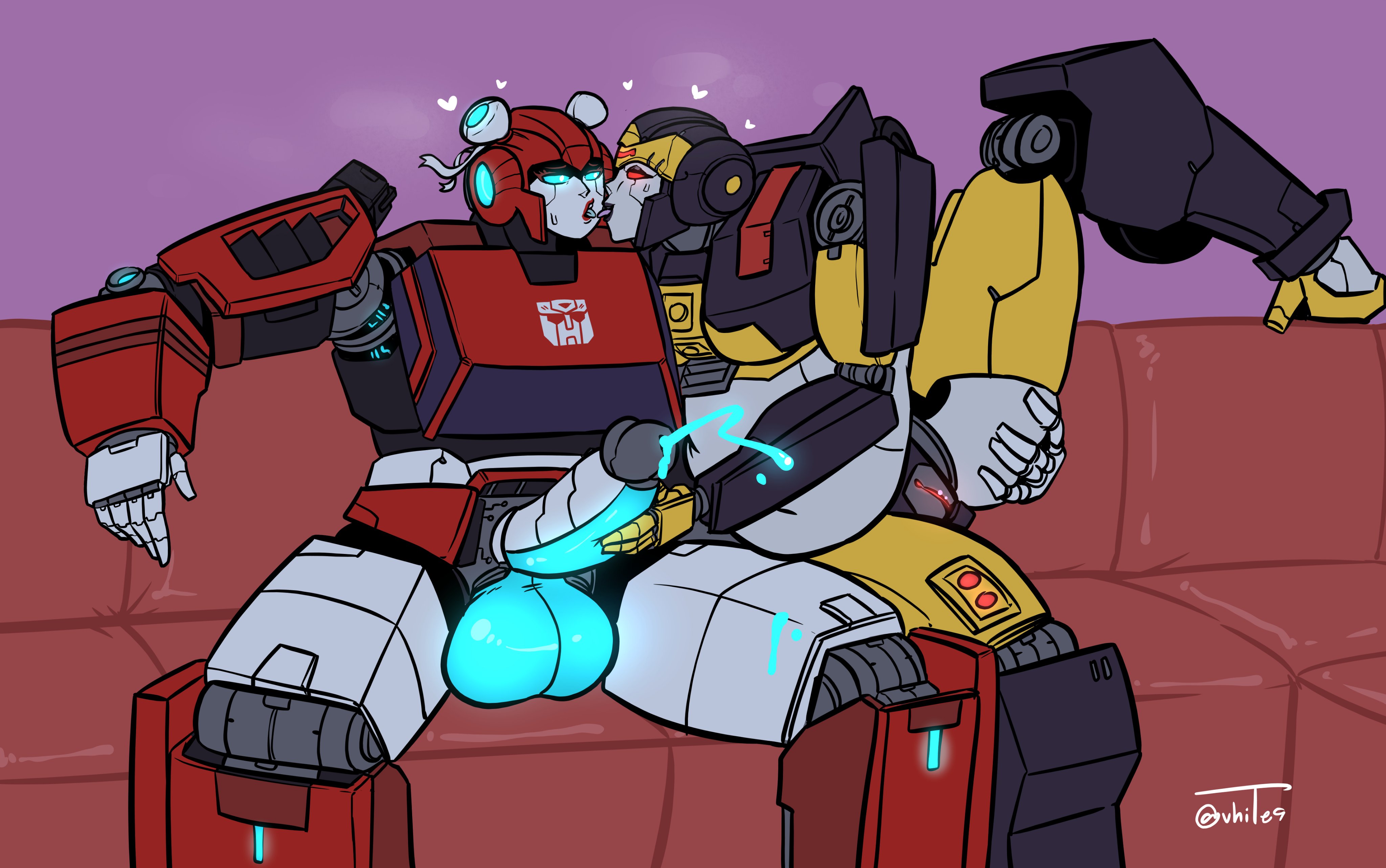 two transformer-like figures locked in a passionate embrace