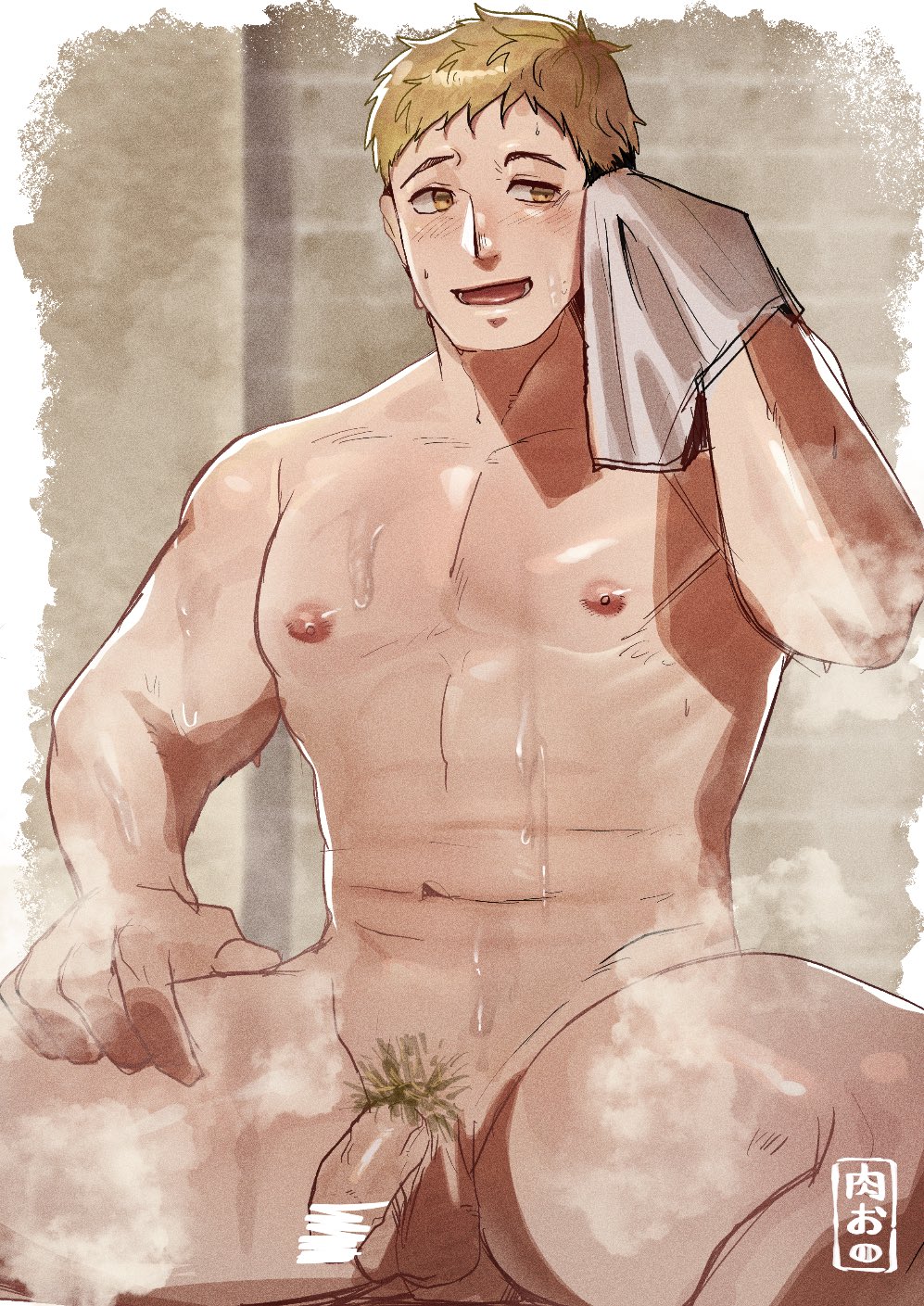 Rule 34 Dev - 1boy 29nikuo_don bara blonde_hair casual_nudity censored  dungeon_meshi fat_rolls feet_out_of_frame flaccid highres laios_touden  looking_to_the_side male male_focus male_only muscular muscular_male navel  nikuo_(29niku) nipples pectorals ...