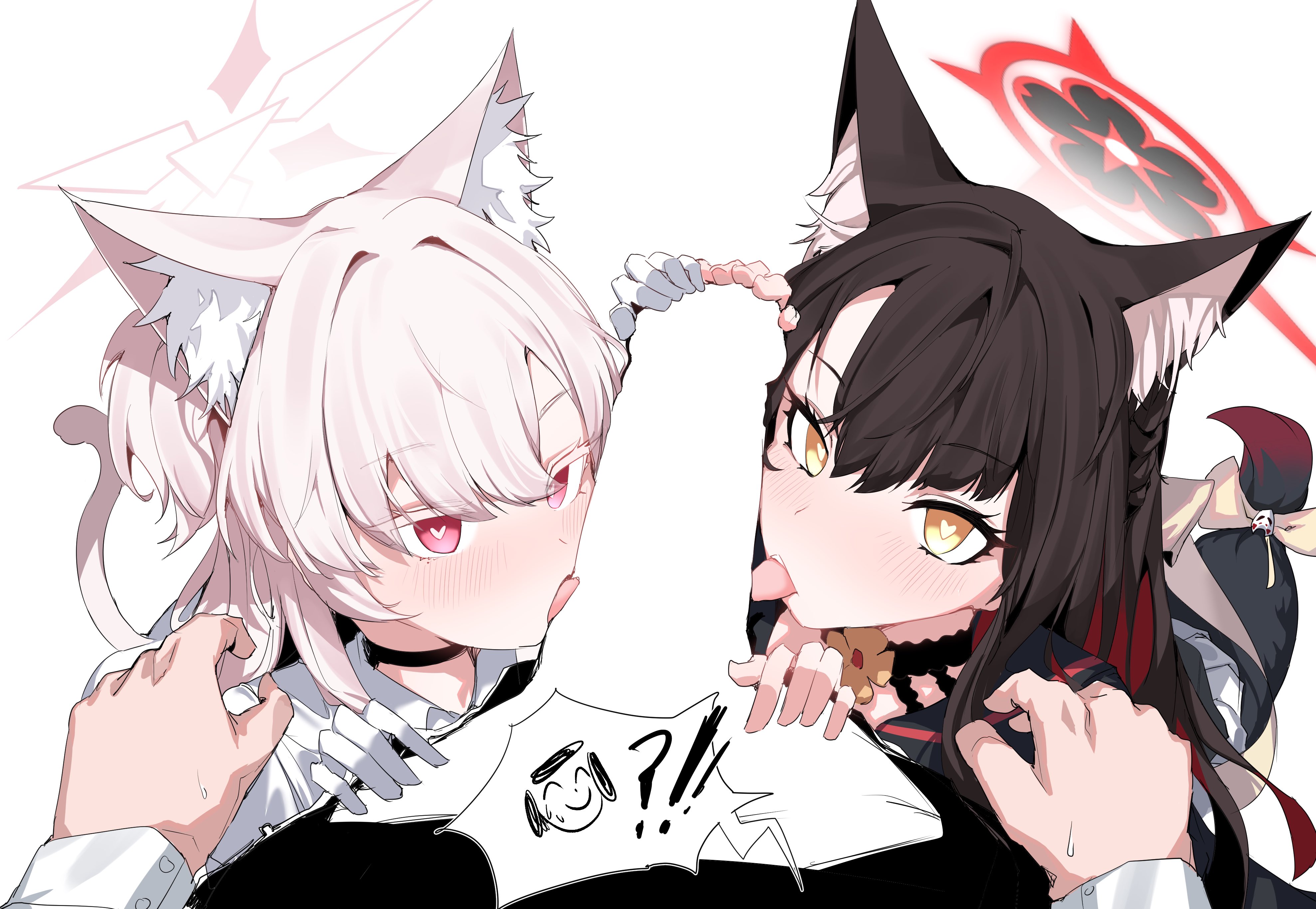 Rule 34 Dev - !? 1boy 2girls absurdres akira_(blue_archive)  animal_ear_fluff animal_ears black_hair blue_archive blush cat_ears  cat_tail censored collaborative_fellatio colored_inner_hair  cooperative_fellatio doodle_sensei_(blue_archive) fellatio ...