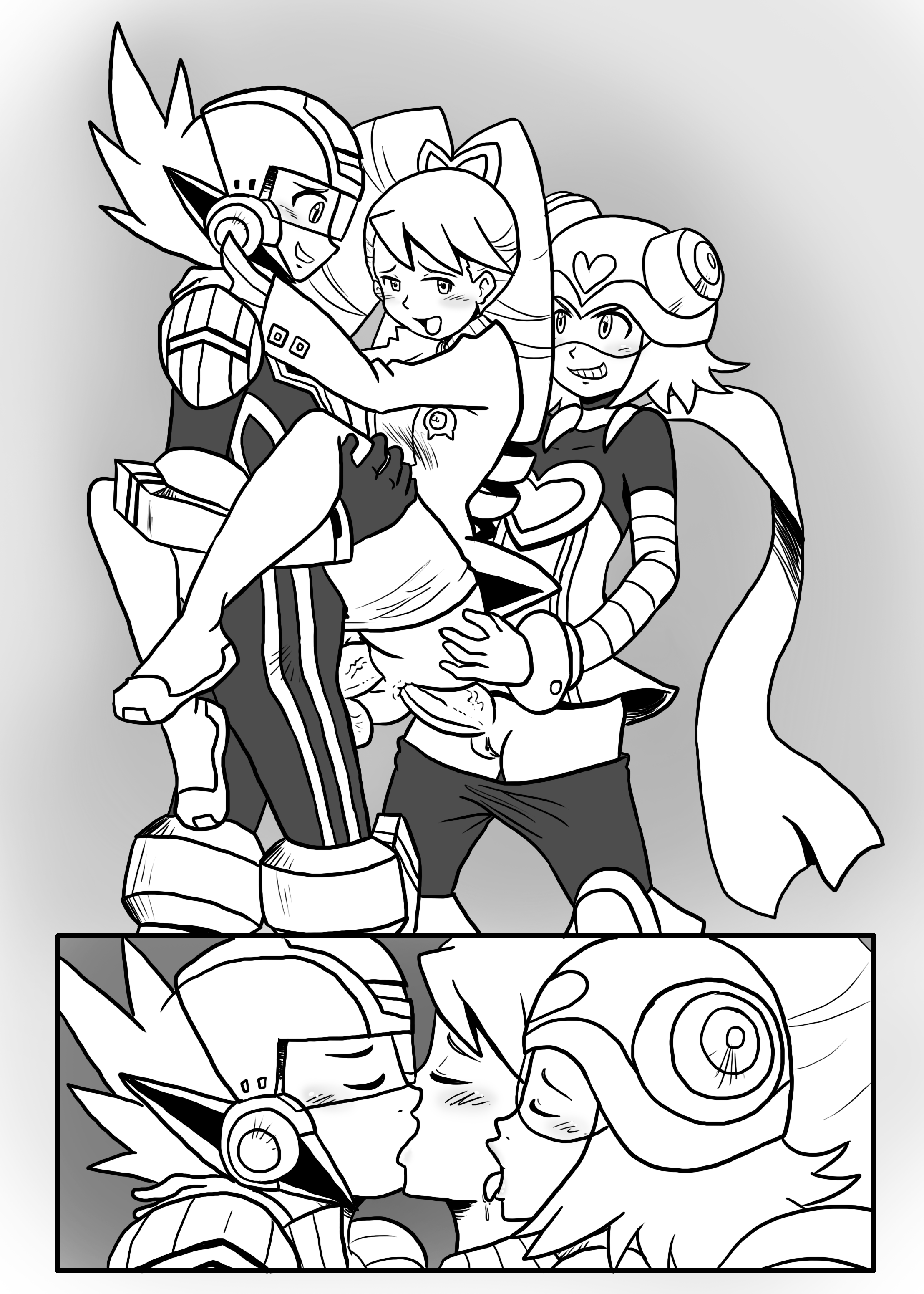 Rule 34 Dev - 1boy 1futa 1girls anal big_penis breasts clothed clothing  double_penetration dydidwhat erection female futa_on_female futa_sans_balls  futanari geo_stelar greyscale harp_note human kissing luna_platz male  mega_man mega_man_star_force ...