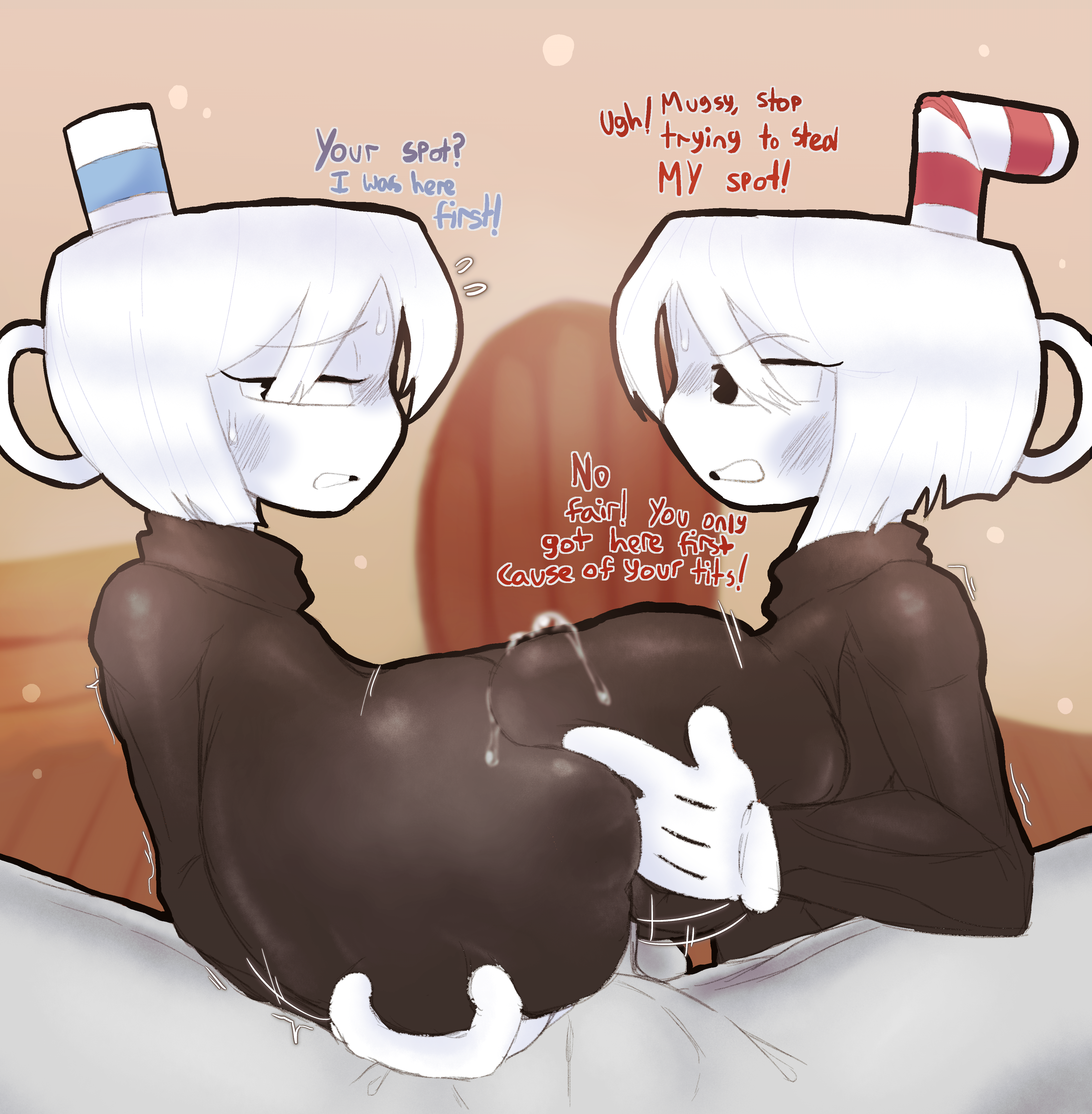 Rule 34 Dev - boobjob competitive_sex cuphead cuphead_(game) dialogue  duo_female indoors juzu421 large_breasts leaking_cum mugman pov precum  precum_bubble rule_63 self_upload sweater threesome|9015344288
