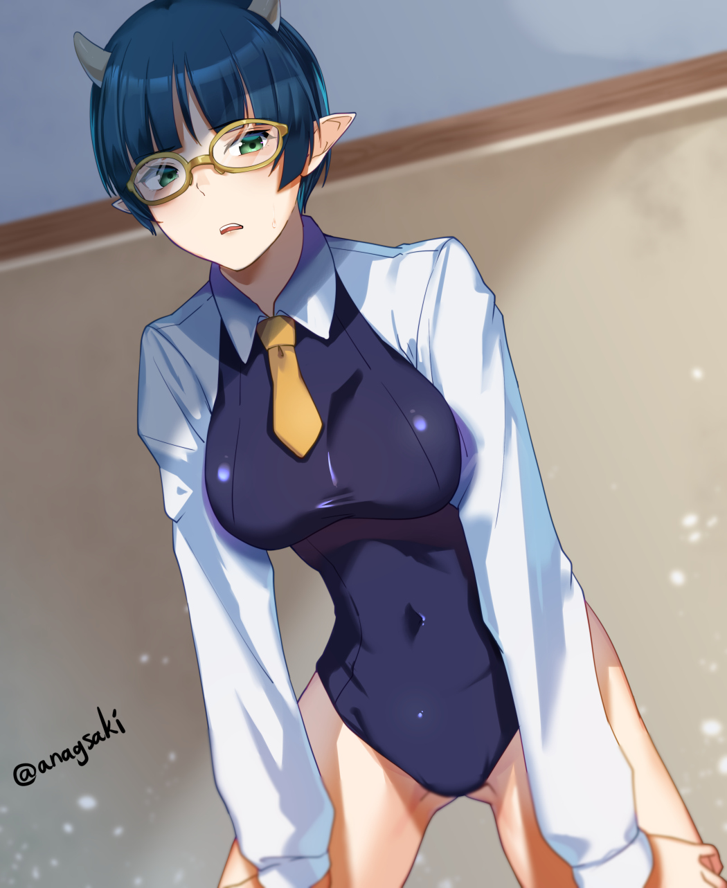 Rule 34 Dev - 1girls anagsaki bent_over big_breasts busty covered_navel  female female_only glasses hands_on_knees hands_on_own_knees highres horns  large_breasts leaning_forward legs level_1_demon_lord_and_one_room_hero  looking_back one-piece_swimsuit ...
