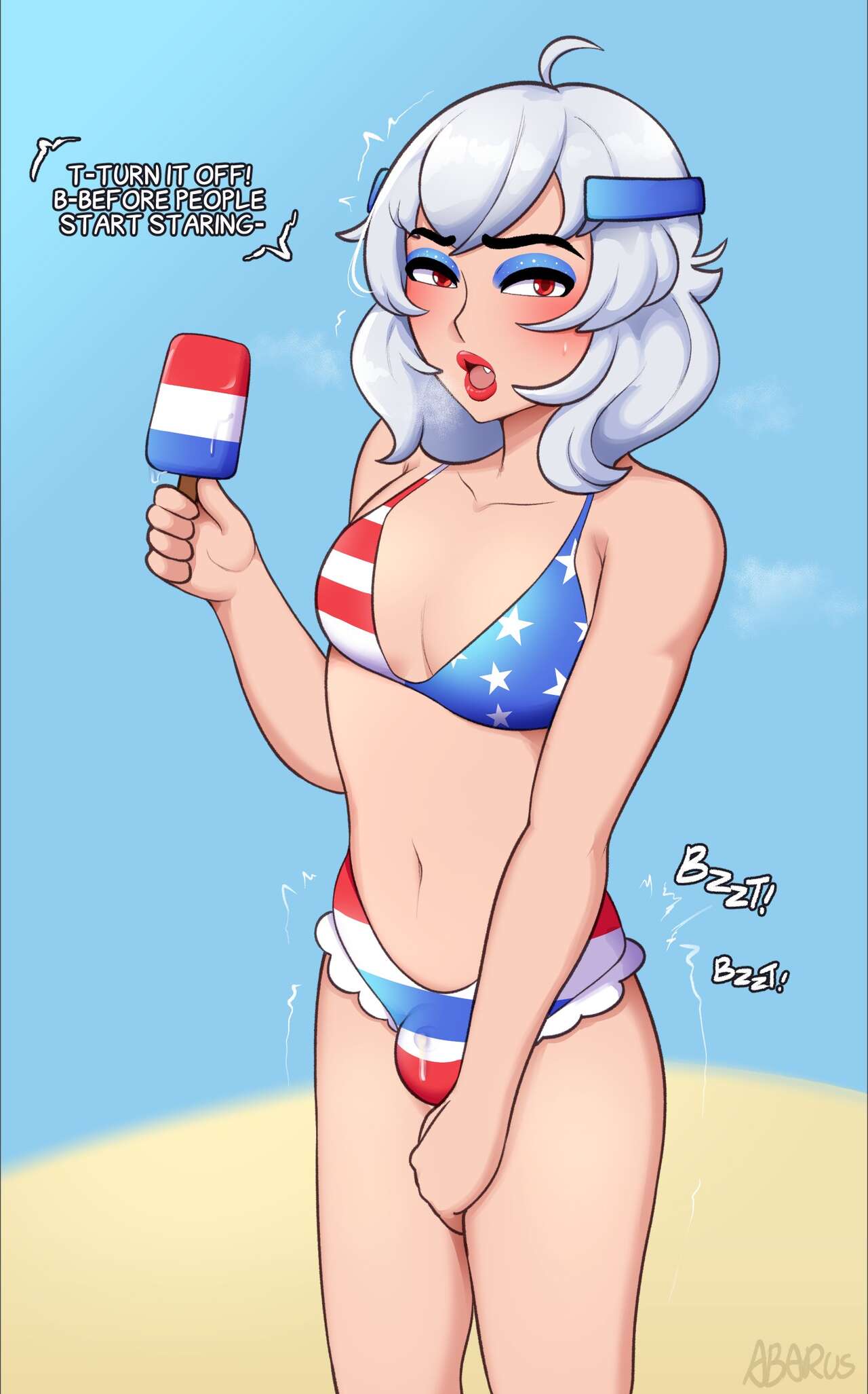 Rule 34 Dev - 1boy abarus american_flag_bikini androgynous arvis_(abarus) beach  bikini bikini_bottom bikini_bulge bikini_top bulge cum discreet_vibrator  english_text exhibitionism eyeshadow femboy headband headwear leaking_cum  lipstick male male_only ...