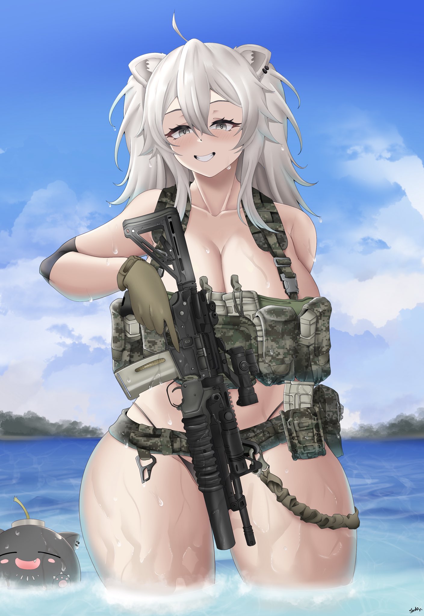 Rule 34 Dev - 2d 3girls adapted_costume ammo_belt assault_rifle bandolier  bare_shoulders bare_thighs belt_pouch beret black_mesa blue_eyes boots  breasts brown_hair bun_hair camo camo_print camouflage camouflage_clothing  camouflage_print clothed ...