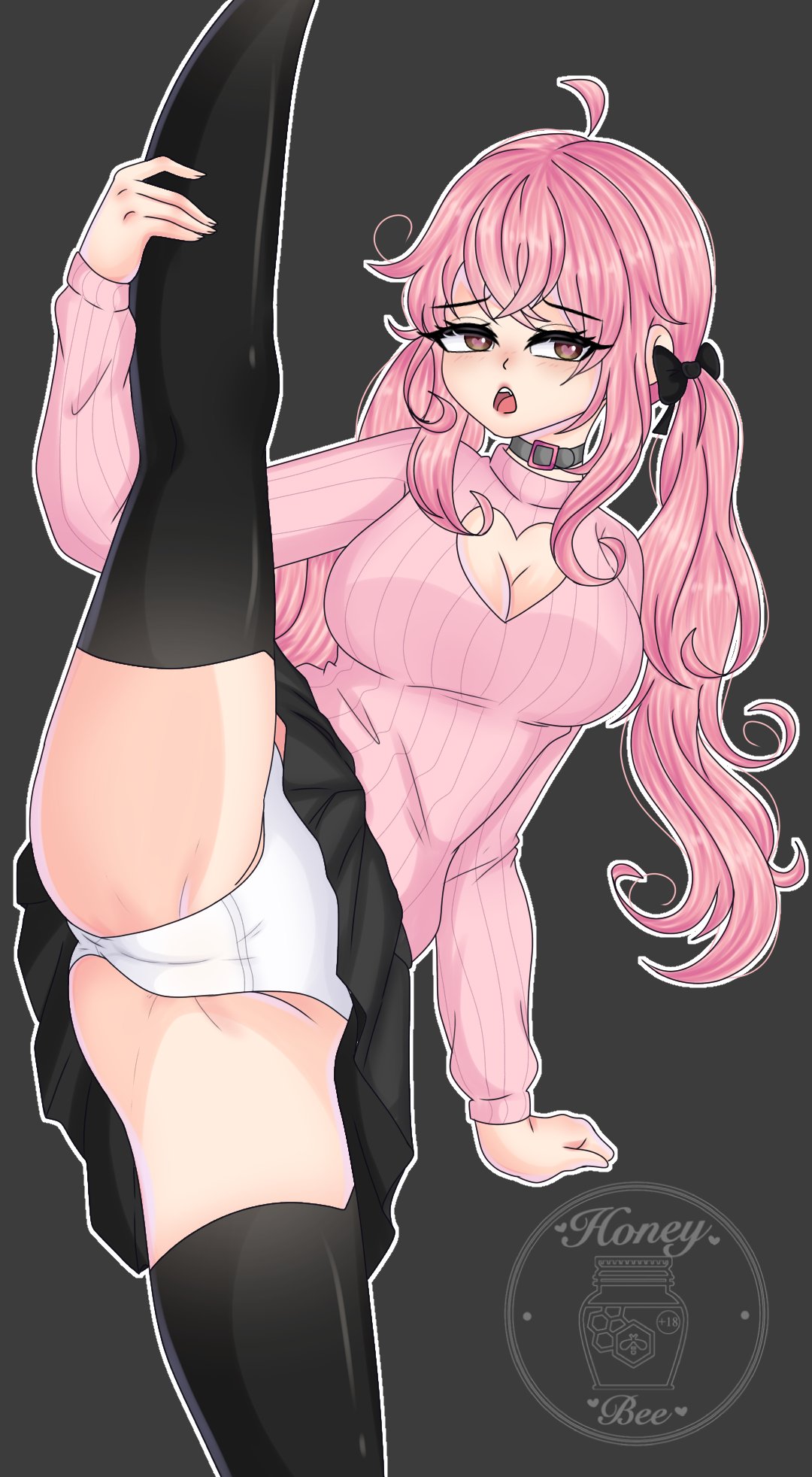 Rule 34 Dev - black_legwear black_skirt boob_window collar female  honeybee_0u0 leg_grab leg_up oc pink_hair pink_sweater seductive skirt  thighhighs upskirt white_panties|9549174344