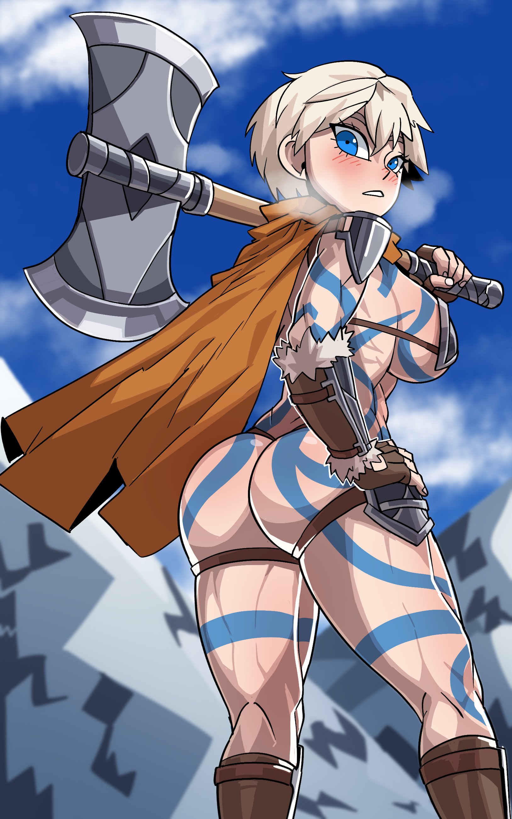 Rule 34 Dev - 1girls ass axe barbarian bbtan bikini_armor blonde_hair  blue_eyes blush bodypaint breasts cape female female_only  light-skinned_female looking_at_viewer looking_back muscular  muscular_female muscular_legs original original_character ...