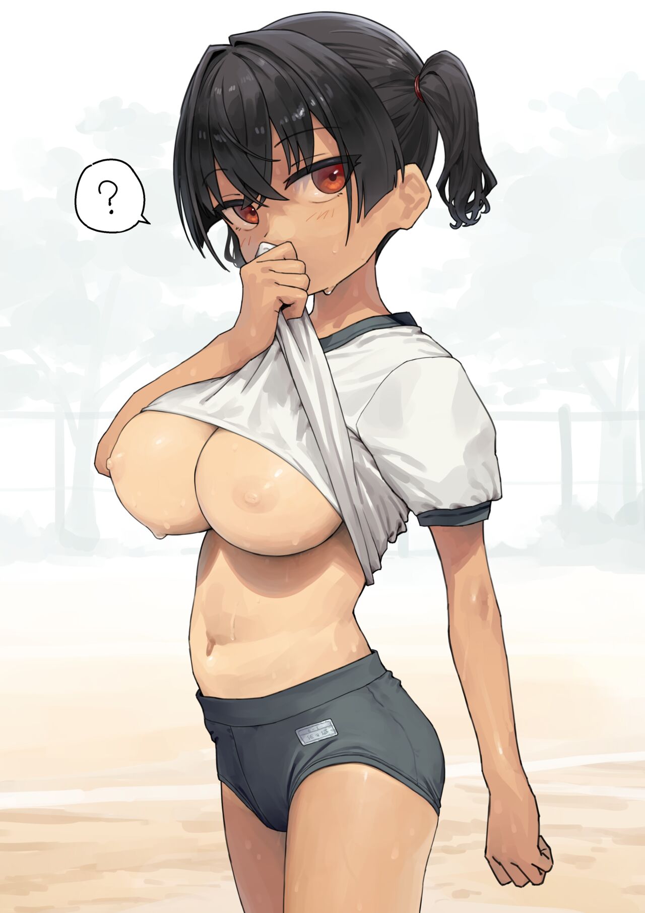 Rule 34 Dev - 1girls black_hair blissfully_ignorant female female_only  gym_uniform kaedeko_(kaedelic) kanna_sasaki_(kaedeko) large_breasts nipples  original red_eyes shirt_lift shorts shortstack solo twintails unaware  wiping_sweat wiping_with_shirt ...